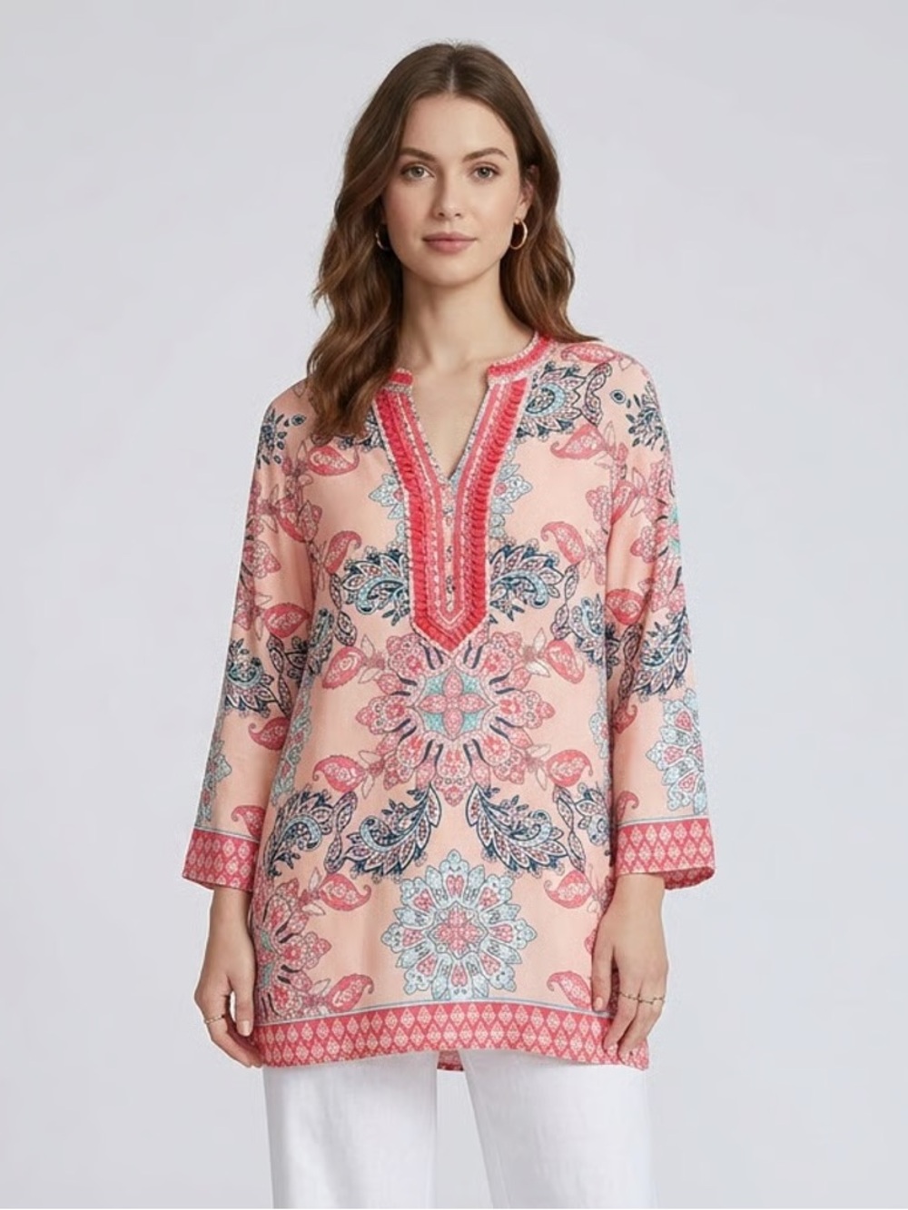 CHARTER CLUB | Coral Pink Paisley Embroidered V-Neck Tunic Top Sz L